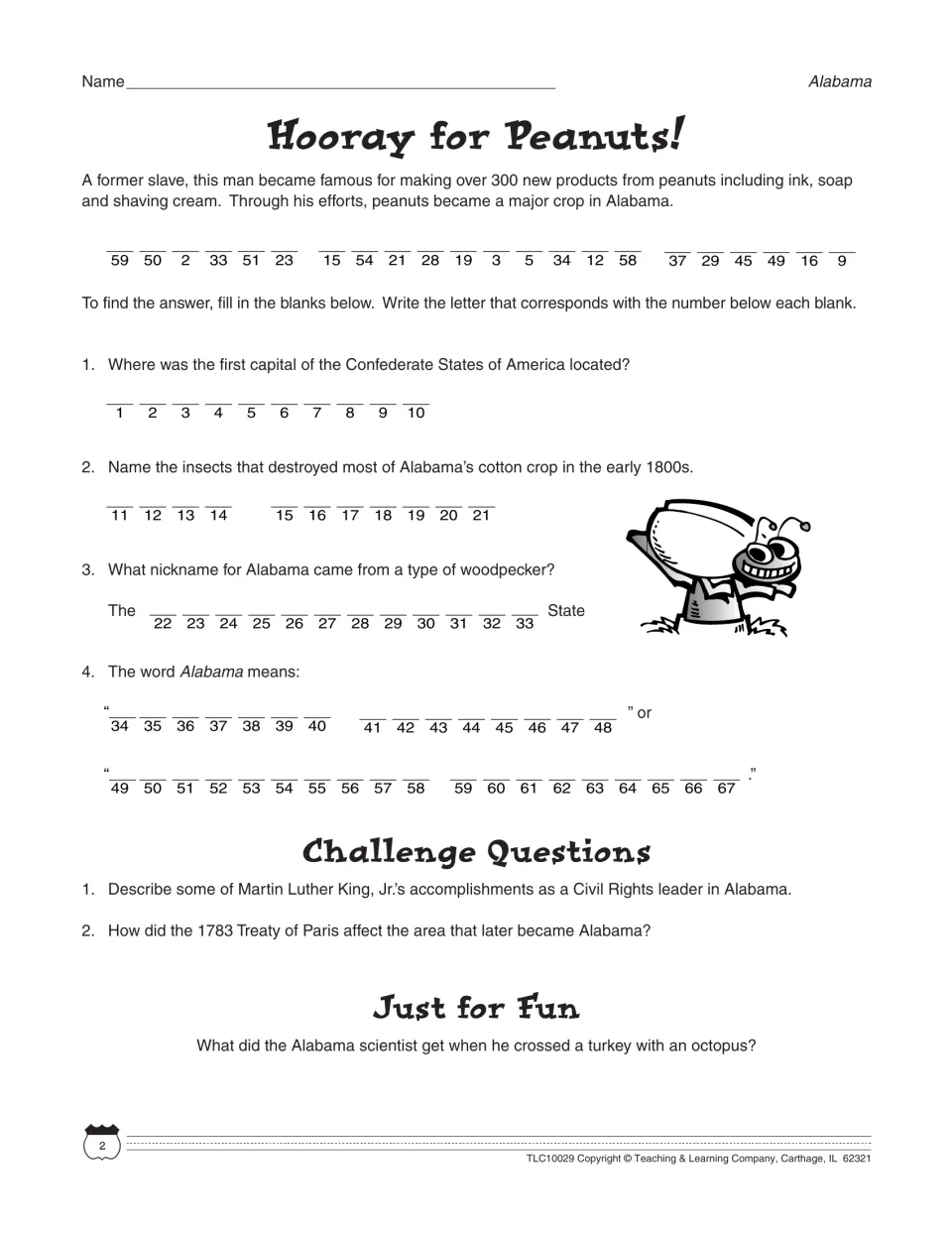 Alabama peanut code puzzle: students answer four state questions, then decode the letters to name the peanut scientist
