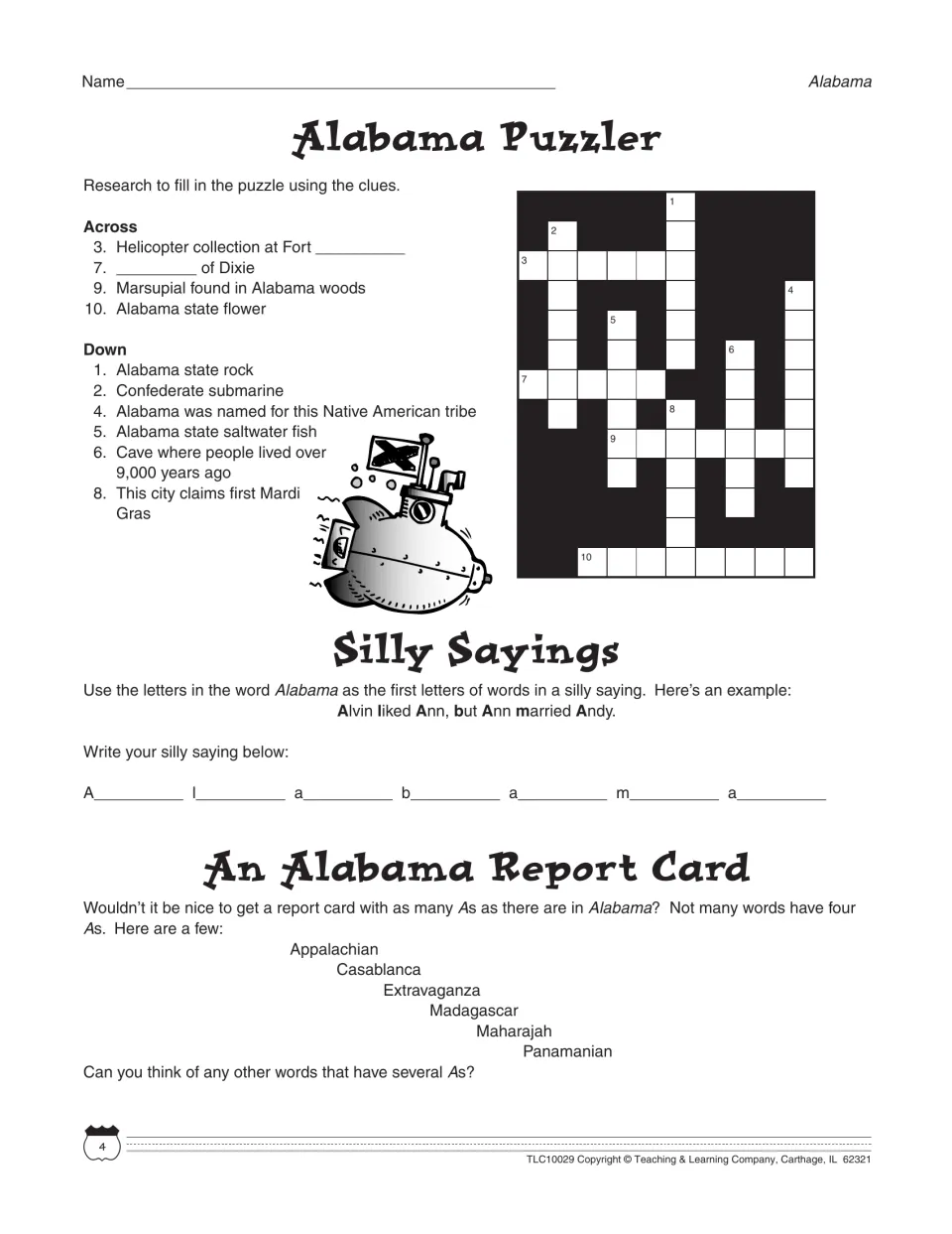 Alabama Puzzler crossword on state symbols and history, plus an Alabama silly saying and a hunt for words with many As