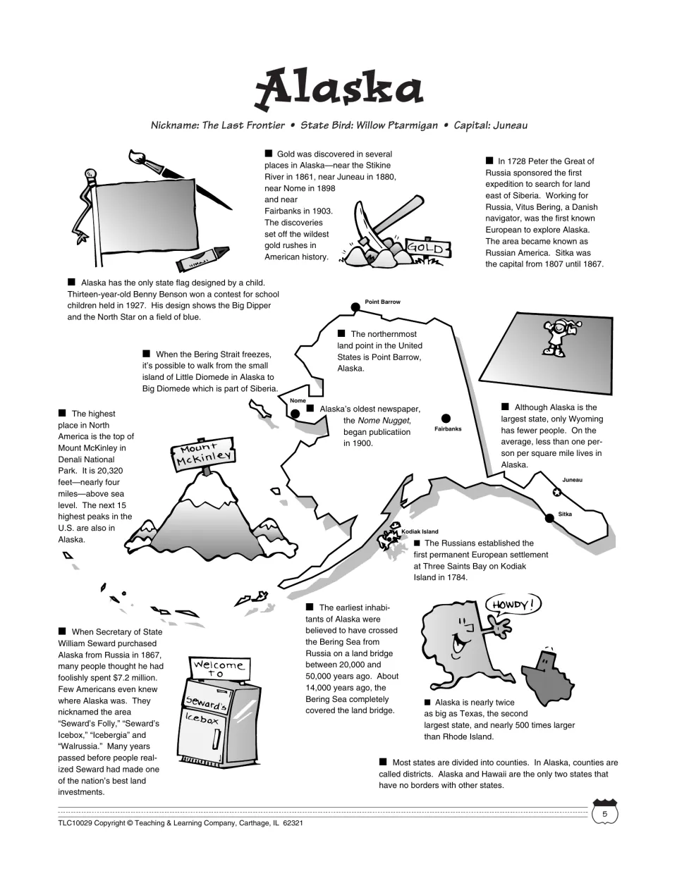 Alaska fact map: capital Juneau, Mount McKinley, Seward's Folly, the gold rushes and the child-designed state flag