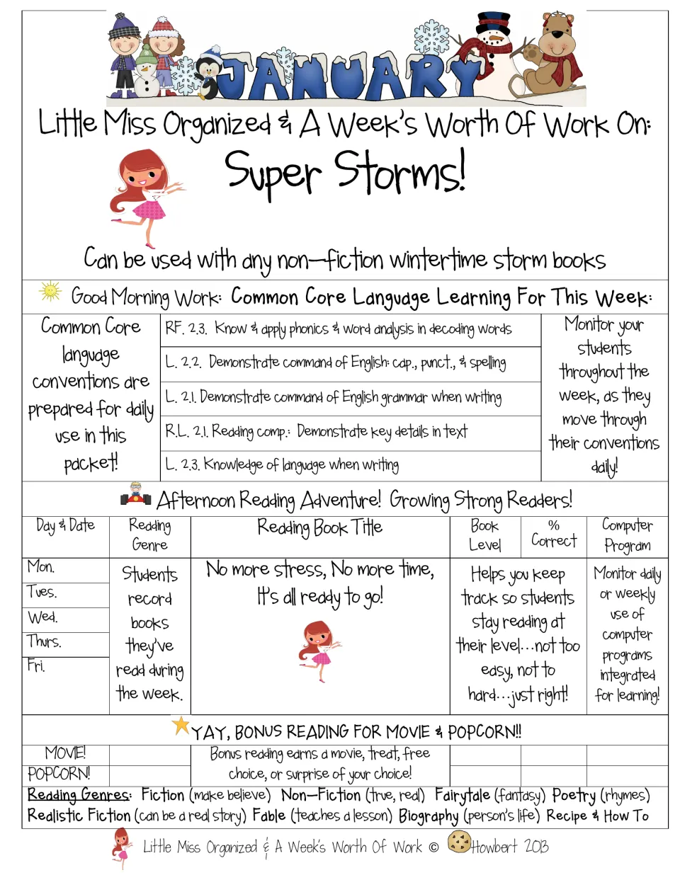 Super Storms cover: January week of morning language work and afternoon reading log, for use with nonfiction storm books
