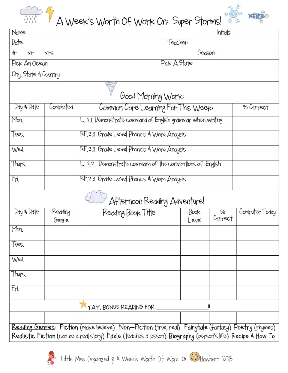 Weekly tracker: students log daily morning work, reading genre, book title, book level and percent correct, Monday to Friday