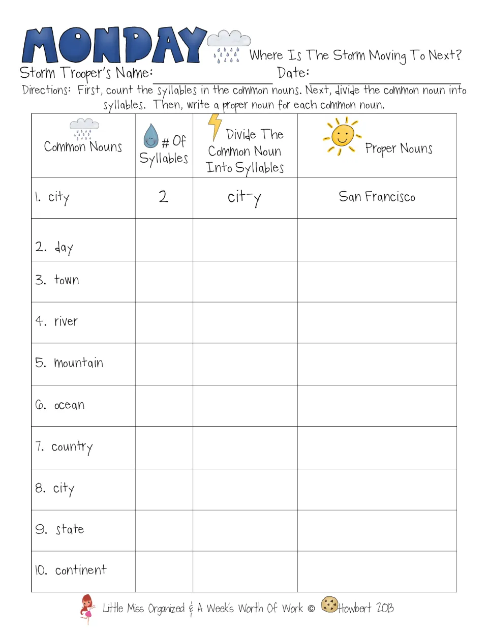 Storm nouns: students count and divide syllables in 10 common nouns like river, then write a proper noun for each