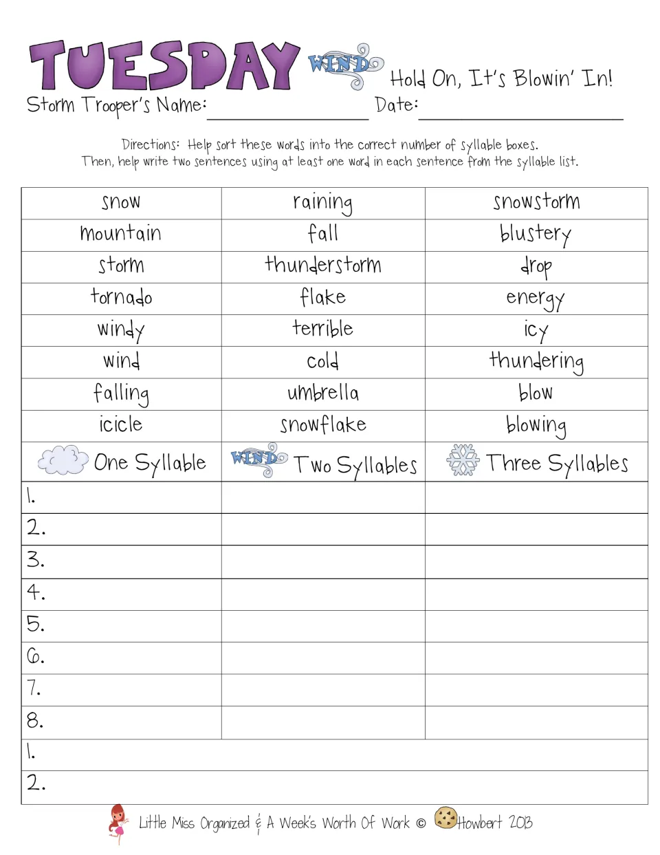 Syllable sort: students sort 24 storm words like tornado into one, two or three syllables, then write 2 sentences