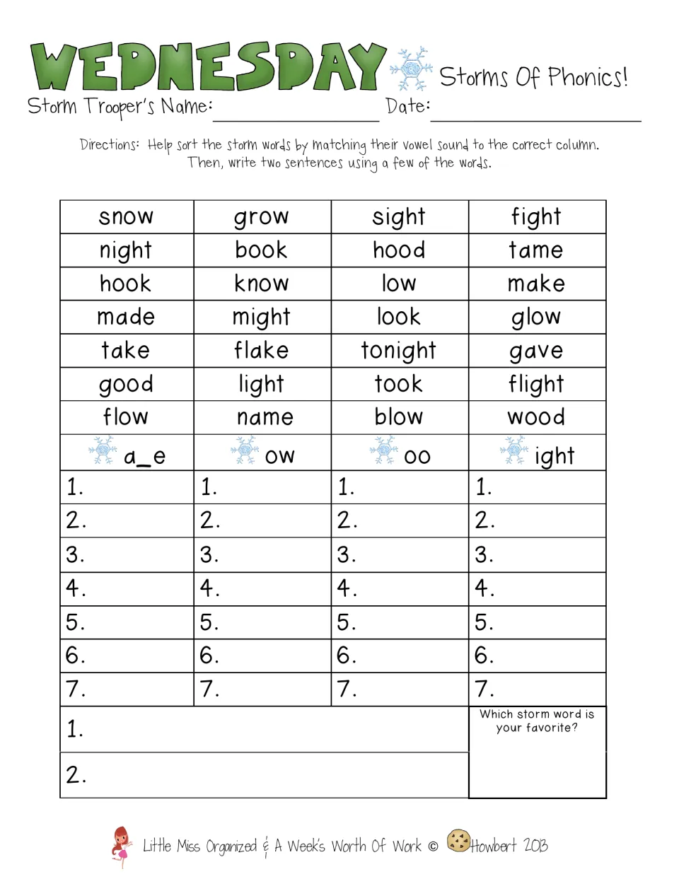 Storms of Phonics: students sort 28 storm words like flake by vowel pattern a_e, ow, oo or ight, then write 2 sentences