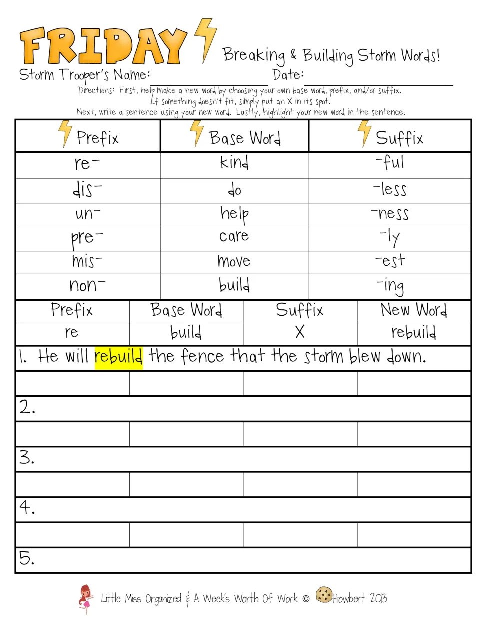 Prefixes and suffixes: students build new words from re-, un-, -ful and base words like help, then use each in a sentence