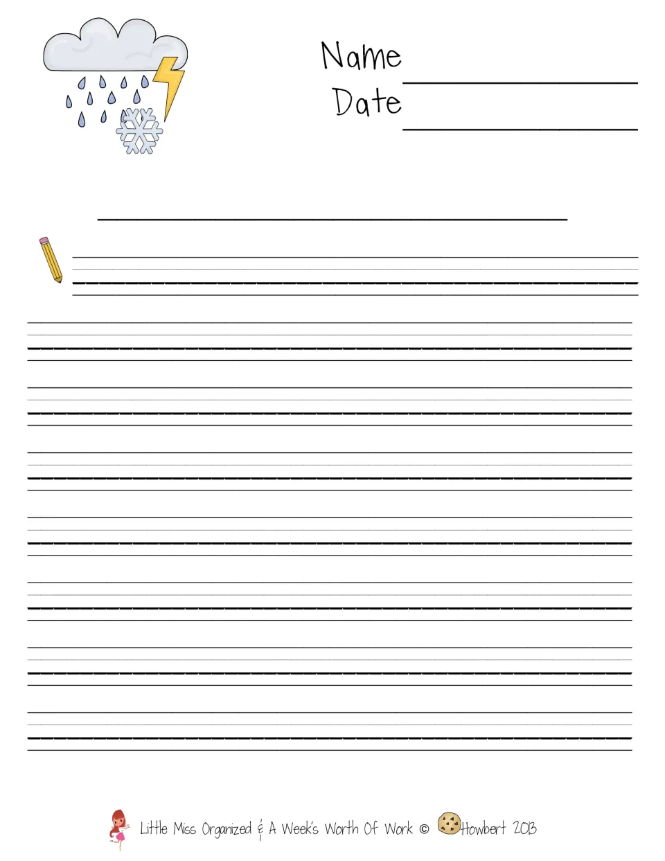 Storm writing paper: students add a title, name and date and write their piece below a rain cloud, lightning and snowflake