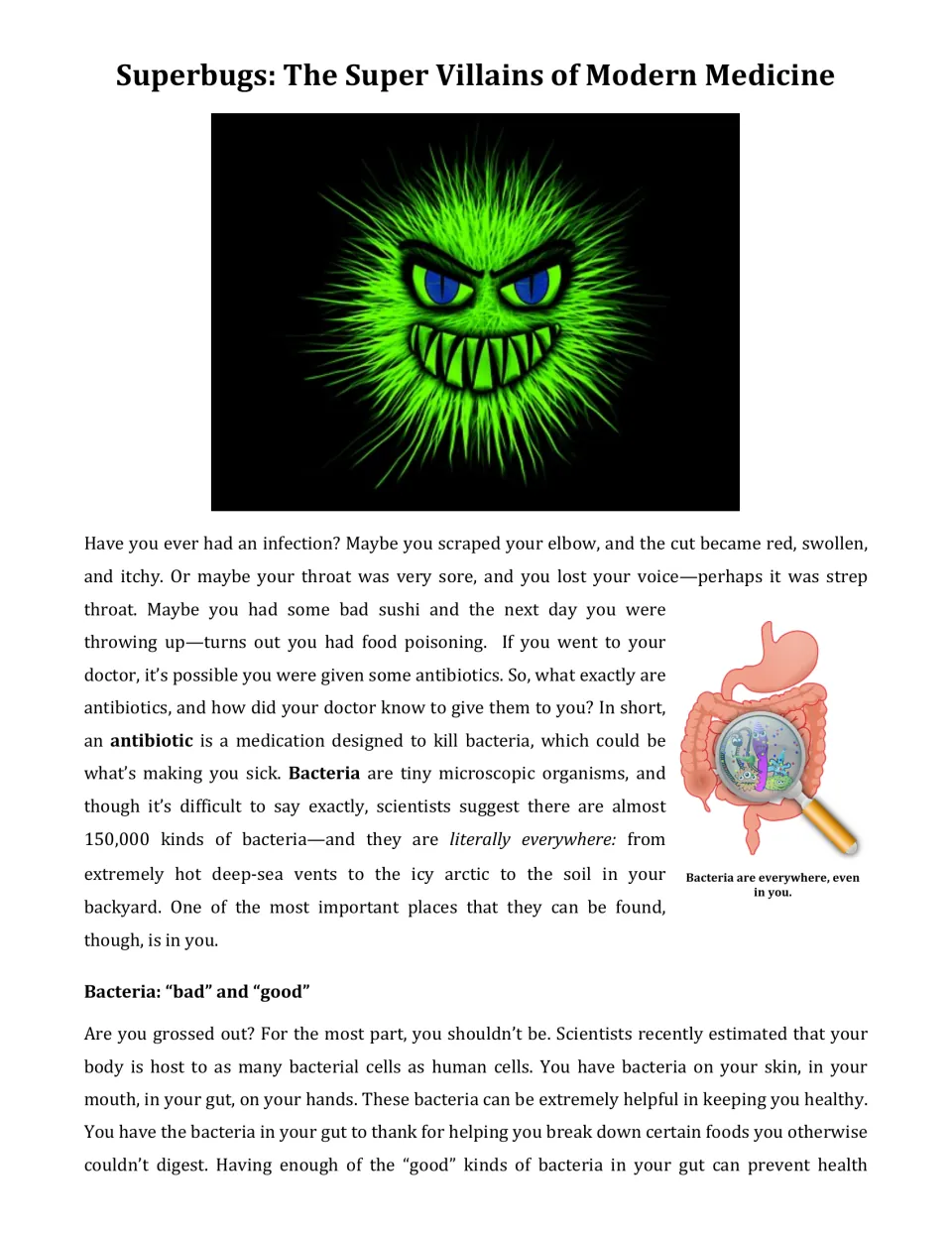 Opening article page introduces infections, antibiotics, and bacteria, including helpful bacteria in the gut.