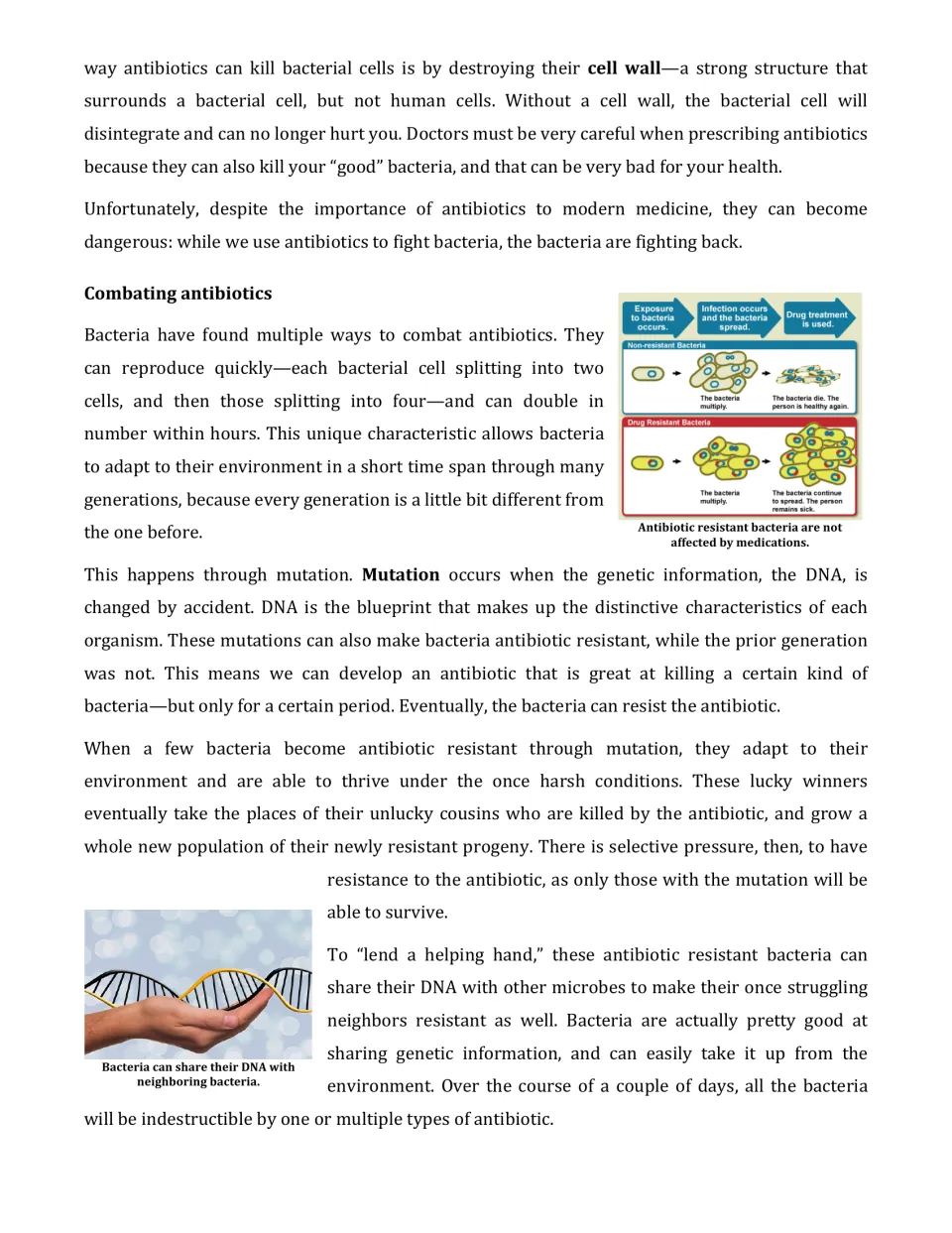 Article part 3 explains bacterial cell walls, mutations, selective pressure, and sharing resistance through DNA.