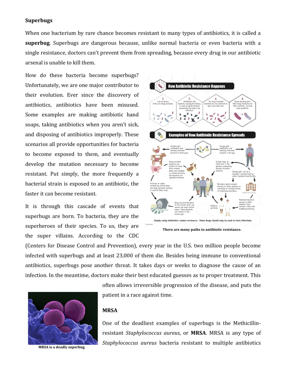 Article part 4 introduces superbugs and MRSA, with a diagram showing how antibiotic resistance spreads.