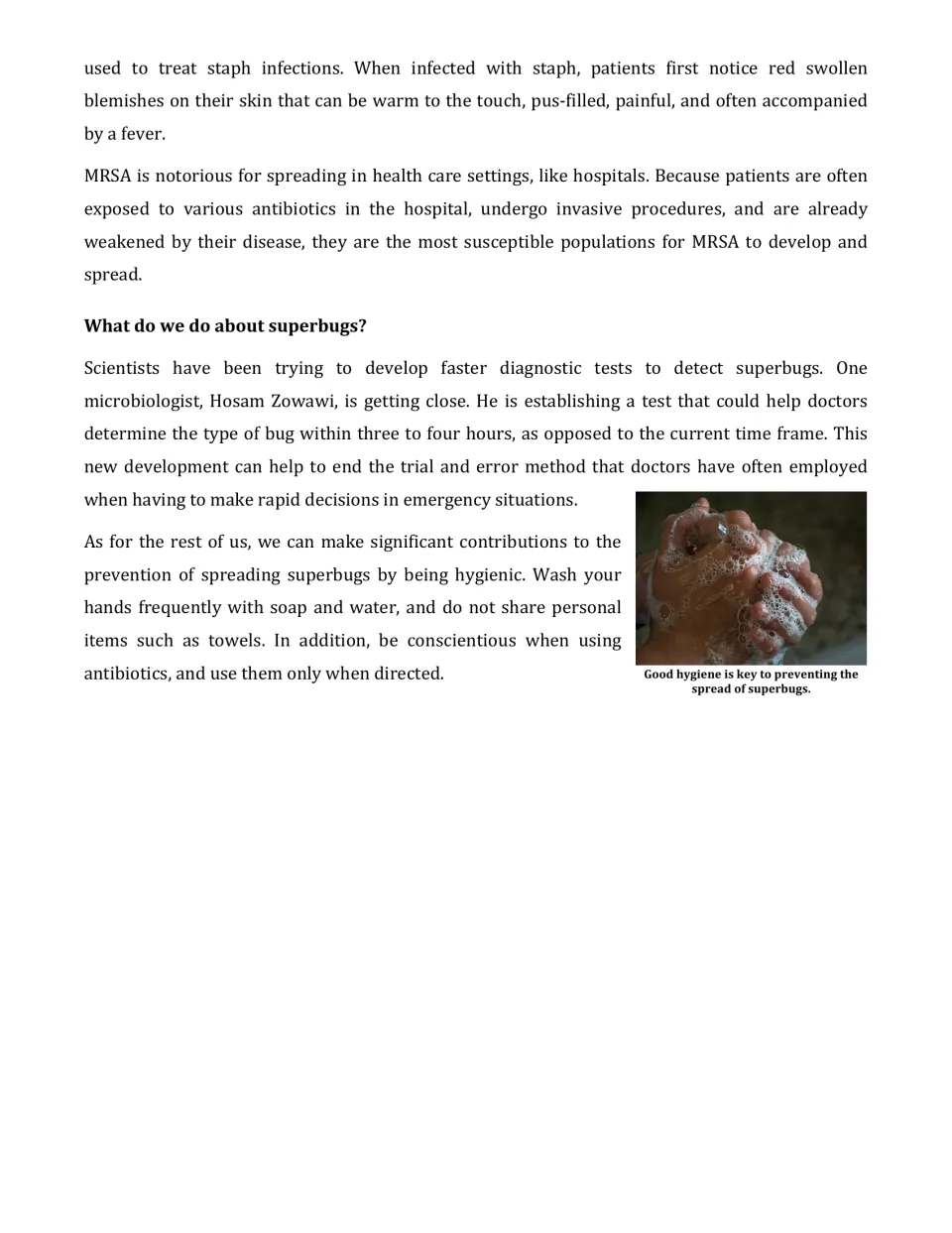 Article part 5 covers MRSA in hospitals, faster diagnostic tests, hygiene, and directed antibiotic use.