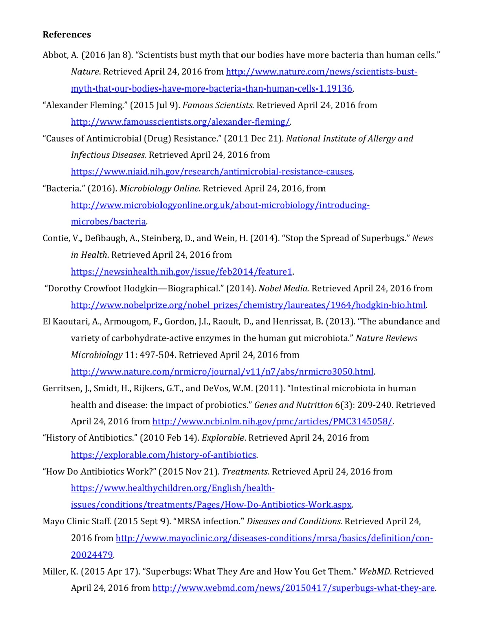 First reference page lists sources for the article's information on bacteria, penicillin, resistance, and MRSA.