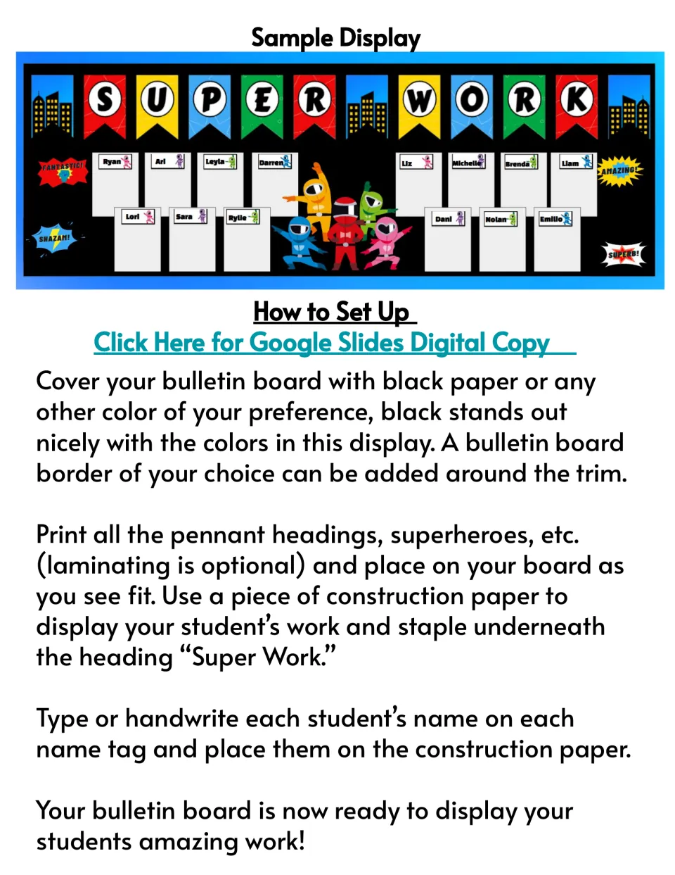 Setup guide: sample SUPER WORK display with student name tags, plus steps for black paper, pennants and posting work