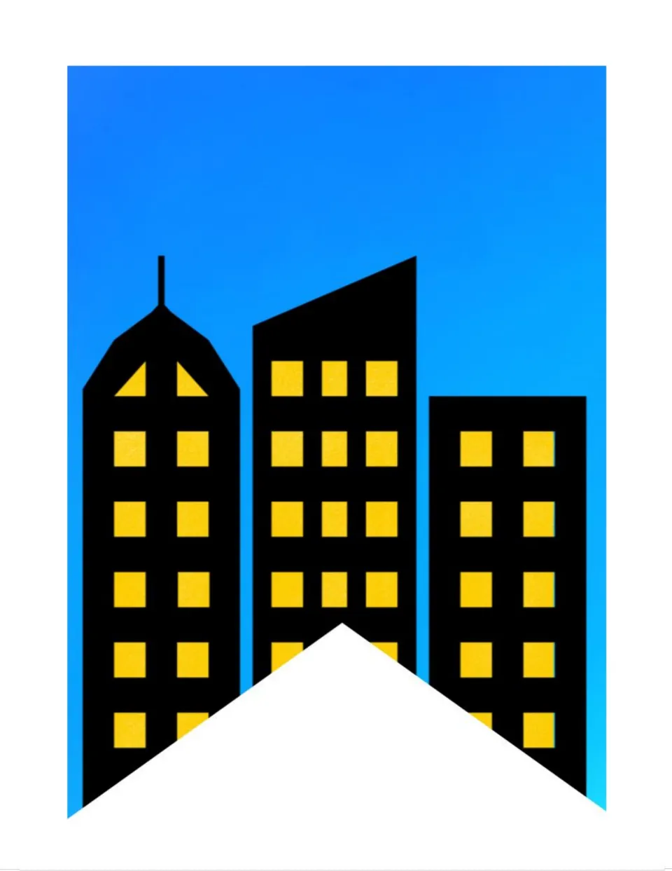 City skyline pennant: three black buildings with yellow lit windows, tallest with a spire on the left, on a blue sky