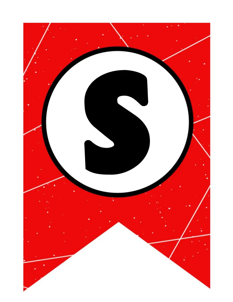 Letter S pennant: a black S inside a white circle on a red flag with white streaks, first letter of the SUPER heading