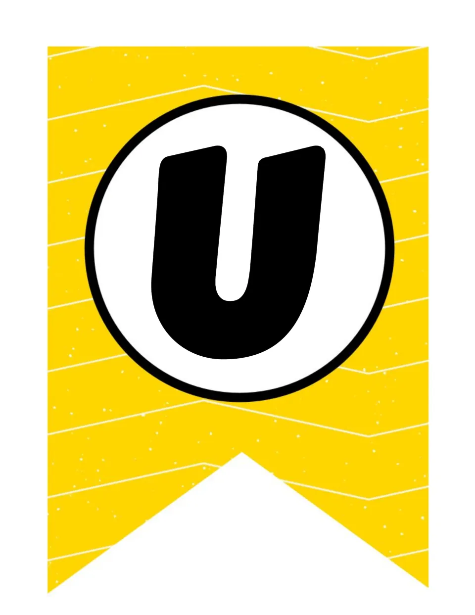 Letter U pennant: a black U inside a white circle on a yellow flag with a white zigzag pattern, second letter of SUPER
