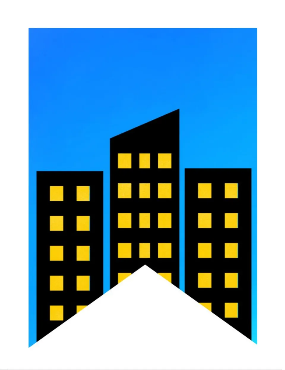 Skyline pennant with three flat and slanted-roof black buildings, rows of yellow windows, set against a bright blue sky