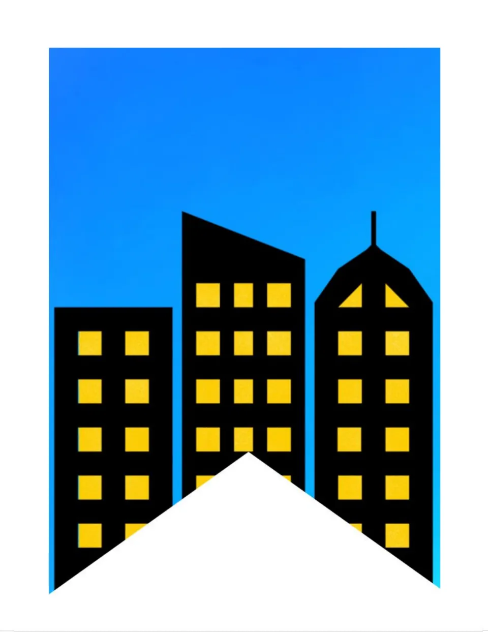 City pennant variation: black buildings with yellow windows, the spired tower placed on the right side of a blue sky