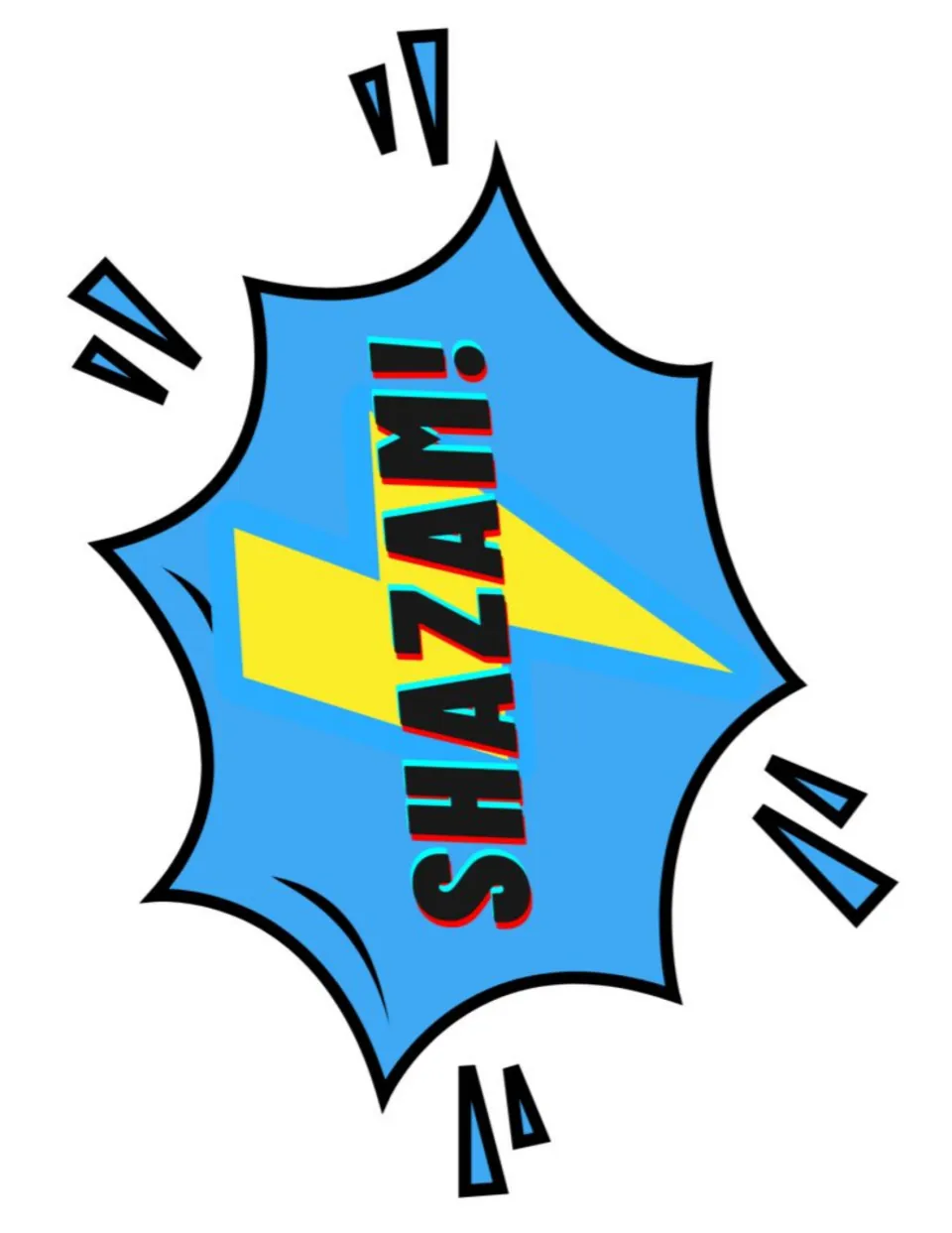 SHAZAM! comic burst: black lettering over a yellow lightning bolt inside a blue explosion shape with motion marks