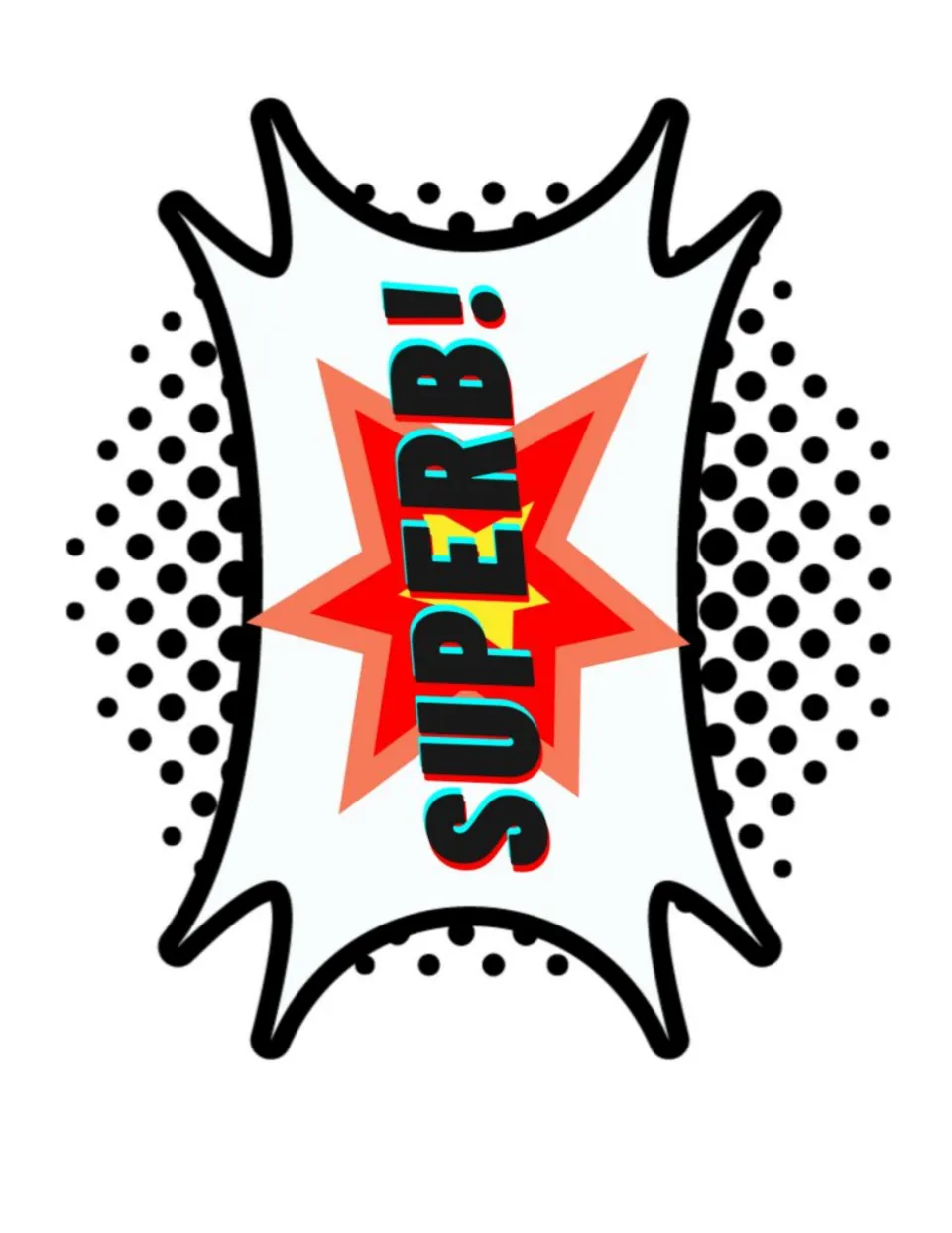SUPERB! comic burst: lettering over a red and orange star in a white speech shape surrounded by black halftone dots