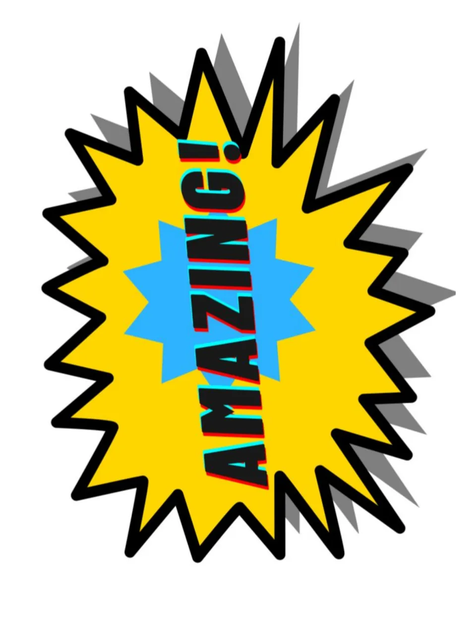 AMAZING! comic burst: black word over a blue star in a large spiky yellow starburst with a gray drop shadow