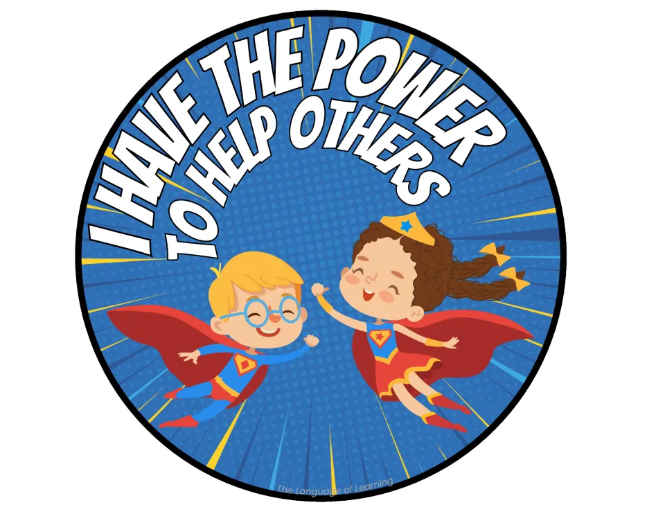 Helping affirmation: round sign reading "I have the power to help others" with two caped child heroes giving a high five