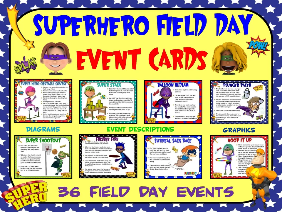 Superhero Field Day Event Cards cover: 8 sample event cards with diagrams, event descriptions and graphics; 36 events