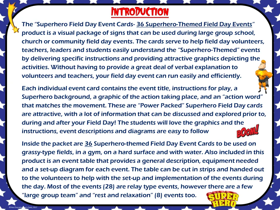 Introduction to 36 superhero-themed event signs: card contents, event table for volunteers, 28 relays and 8 group events