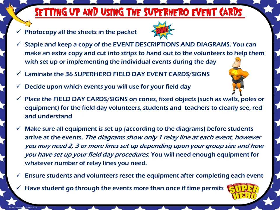 Setup steps for event signs: photocopy, laminate, choose events, post cards on cones and set out equipment per diagrams