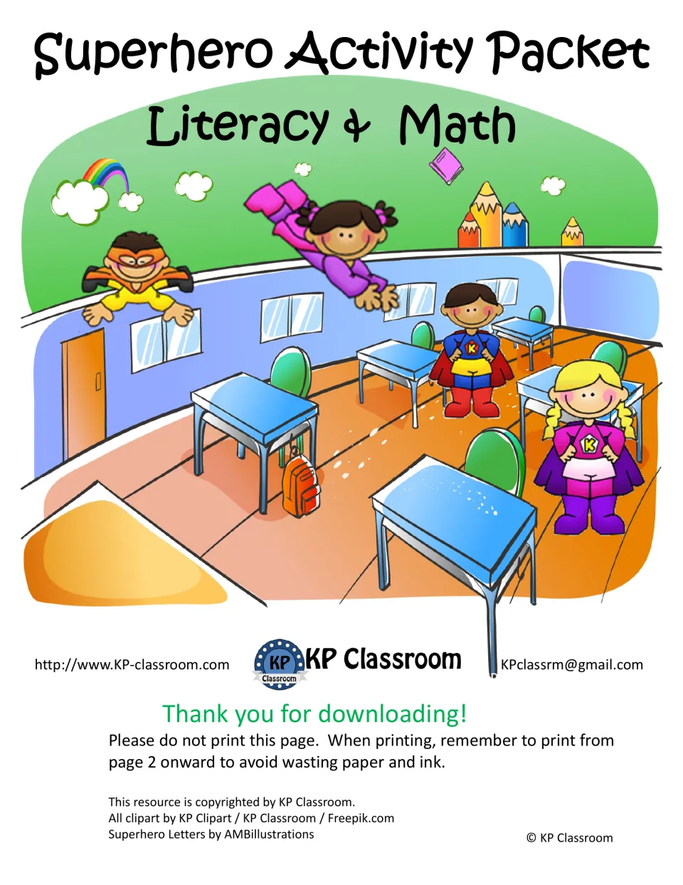 Cover of the superhero literacy and math packet, with instructions to begin printing at page 2