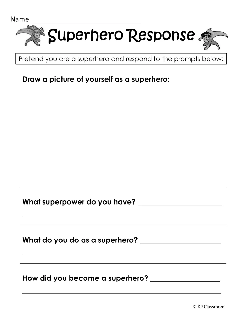 Superhero response activity asks students to draw themselves and describe their powers, actions, and origin