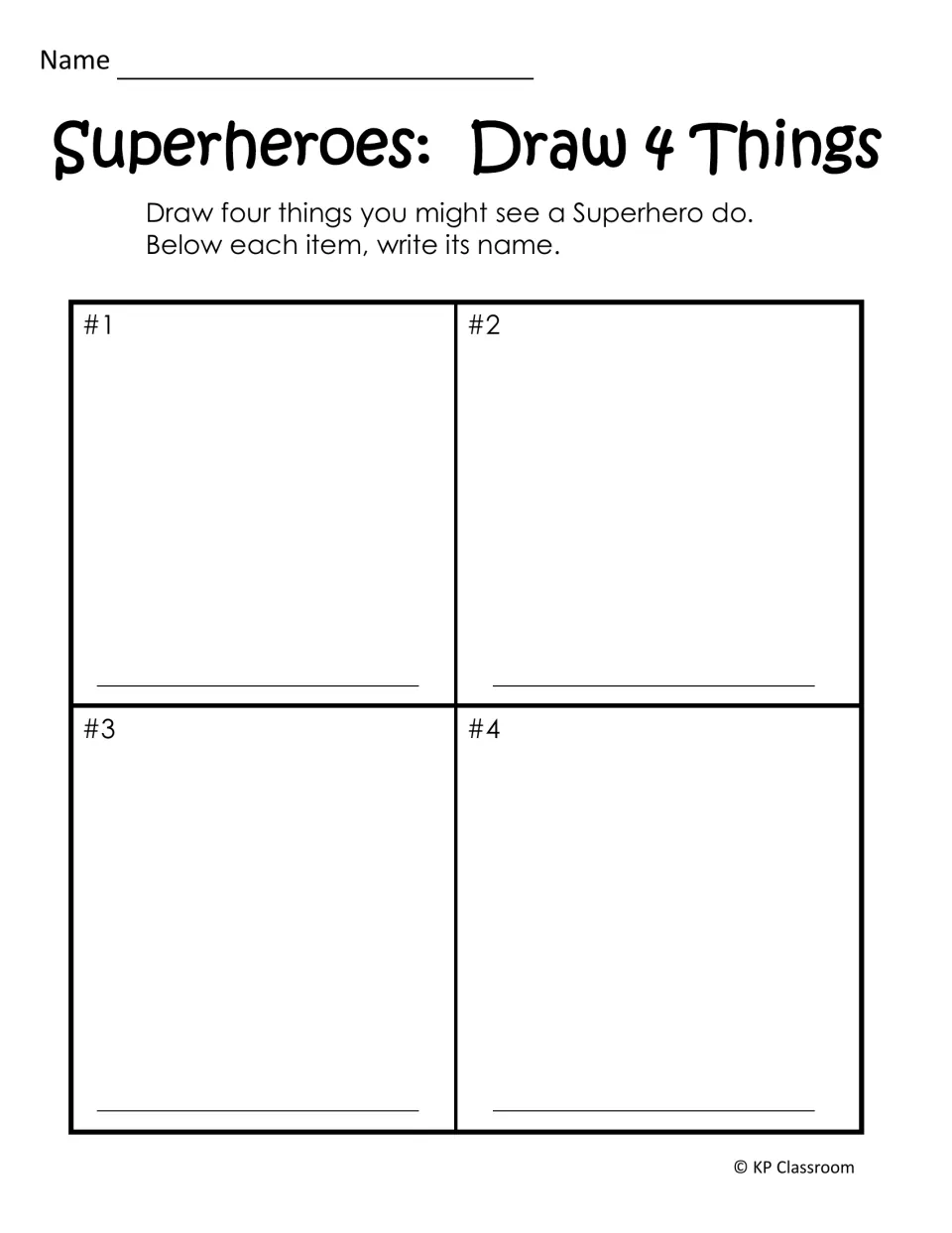 Superhero drawing activity asks students to draw four things a superhero might do and write each item's name