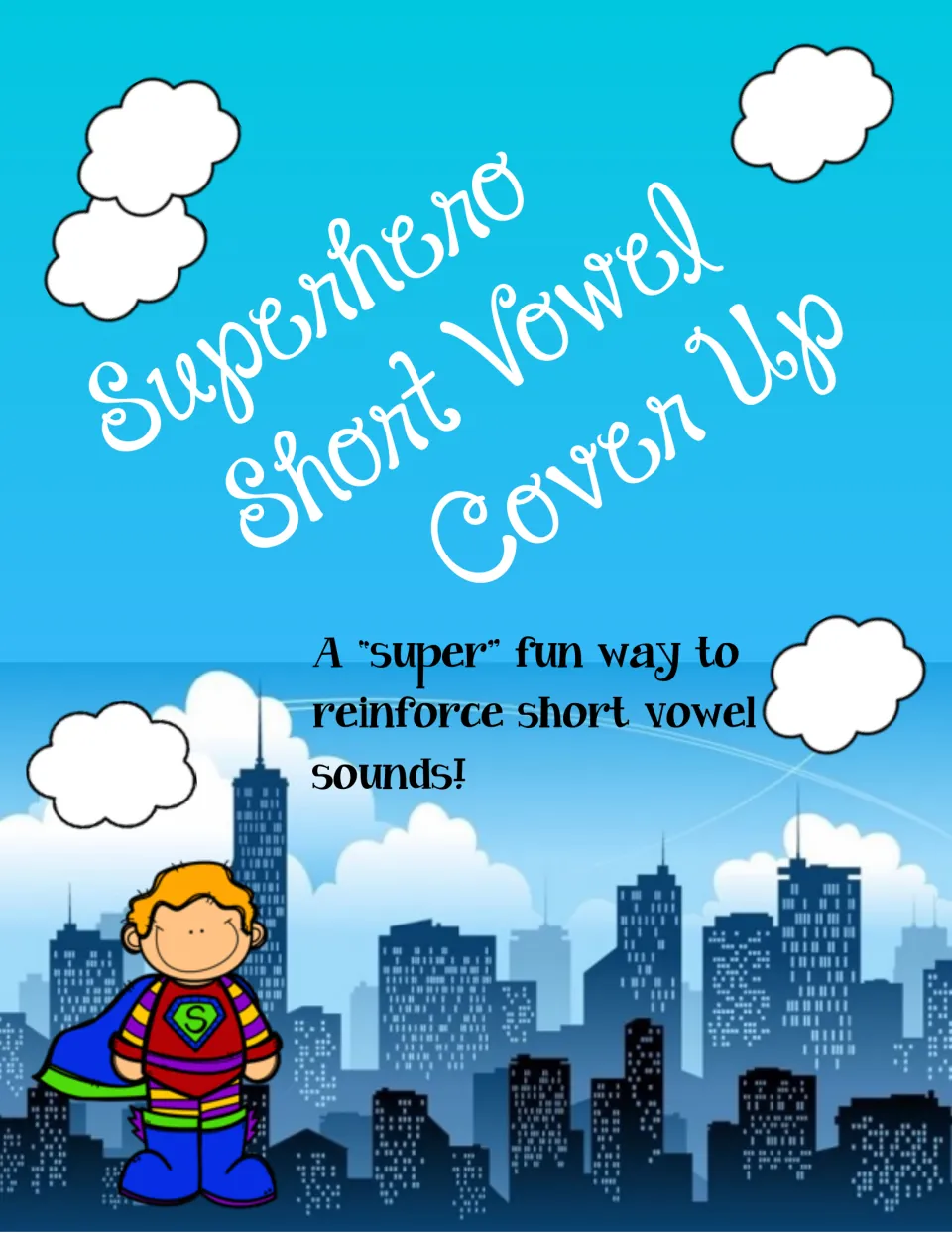 Cover of Superhero Short Vowel Cover Up, a picture-card game for practicing and matching short vowel sounds
