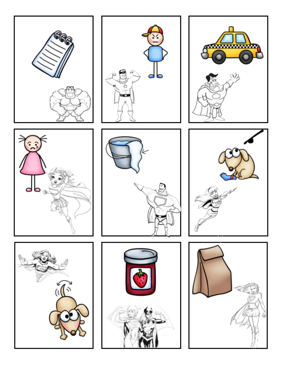 Short-vowel picture cards 1–9 for matching sounds to a mat: pad, mad, cab, sad, rag, bad, wag, jam, and bag