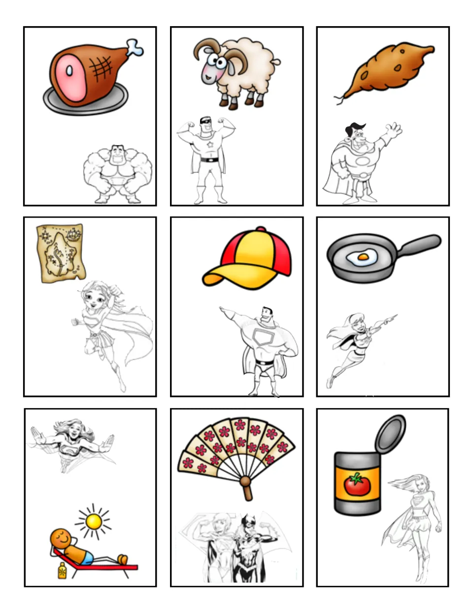 Short-vowel picture cards 10–18 for the matching game, including ham, ram, map, cap, pan, fan, and can