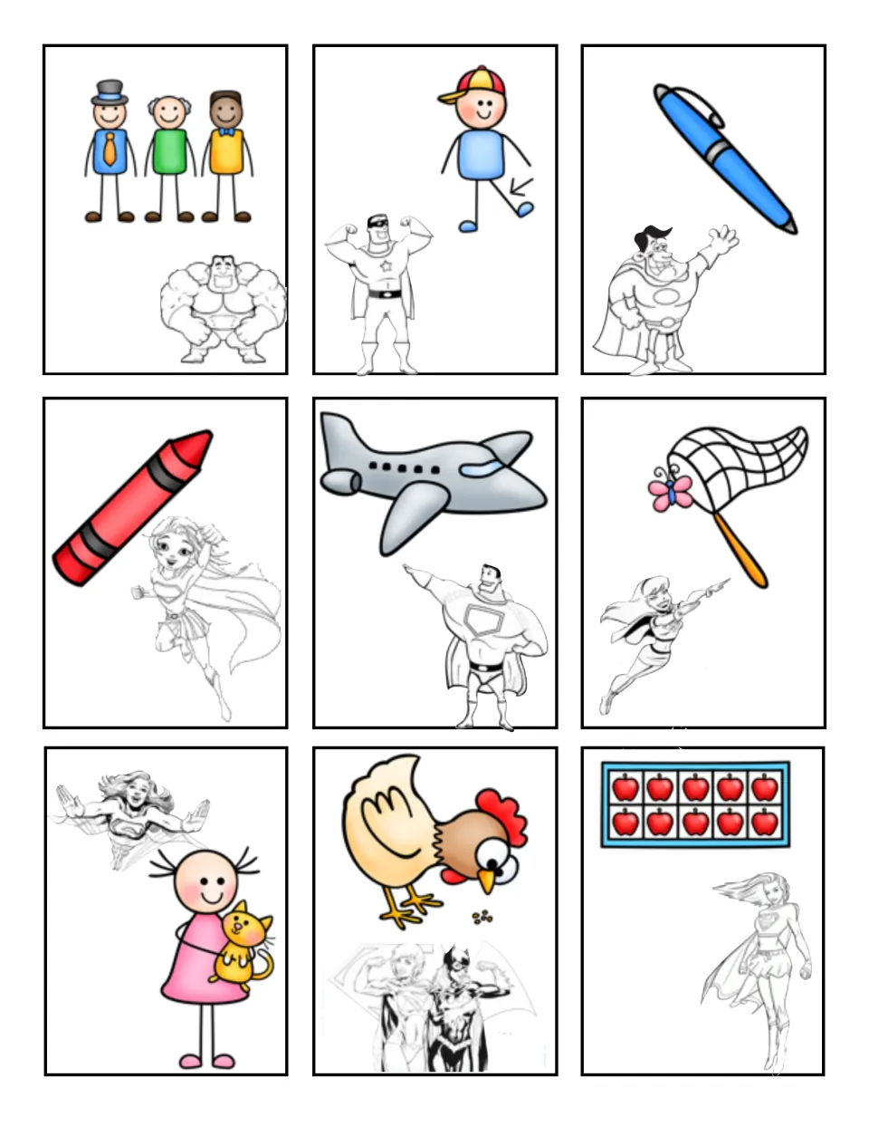 Short-vowel picture cards 19–27 for matching sounds to a mat: men, leg, pen, red, jet, net, pet, hen, and ten