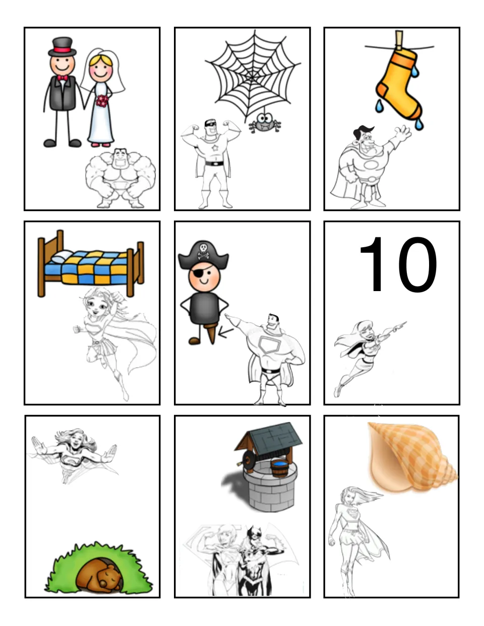Short-vowel picture cards 28–36 for matching sounds to a mat: wed, web, wet, bed, peg, ten, den, well, and shell