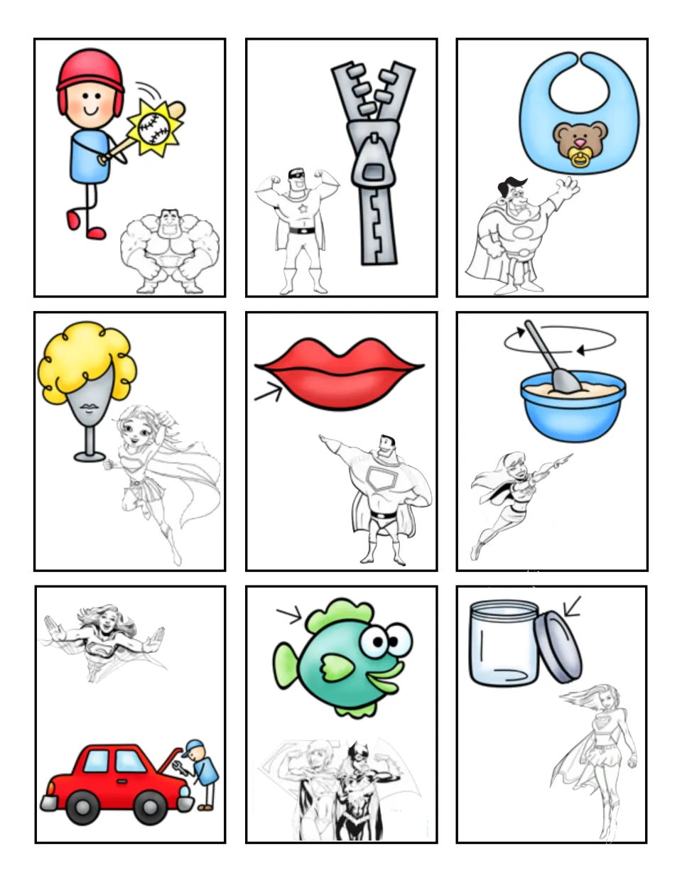 Short-vowel picture cards 37–45 for matching sounds to a mat: hit, zip, bib, wig, lip, mix, fix, fin, and lid