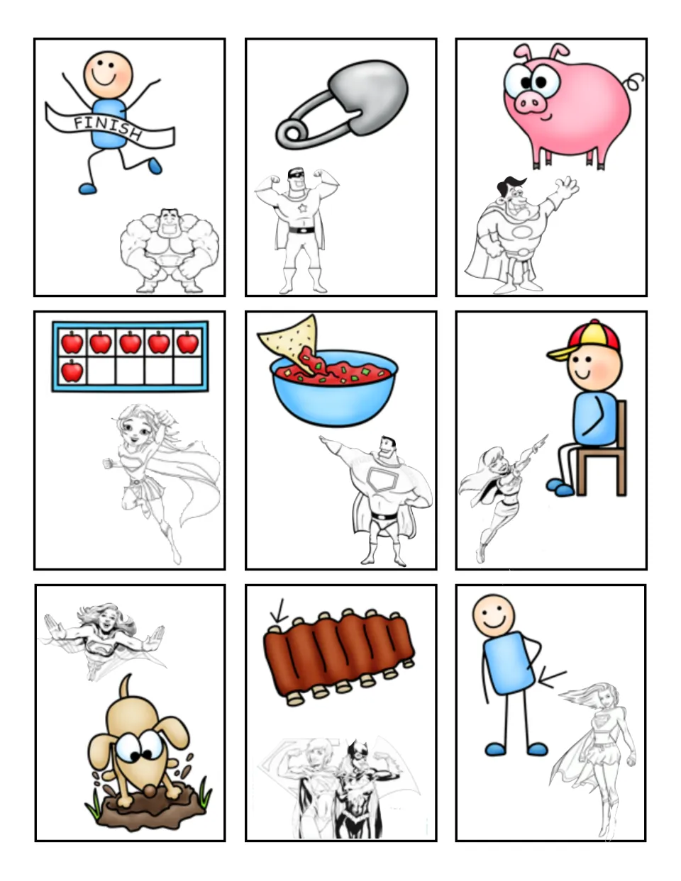 Short-vowel picture cards 46–54 for matching sounds to a mat: win, pin, pig, six, dip, sit, dig, rib, and hip