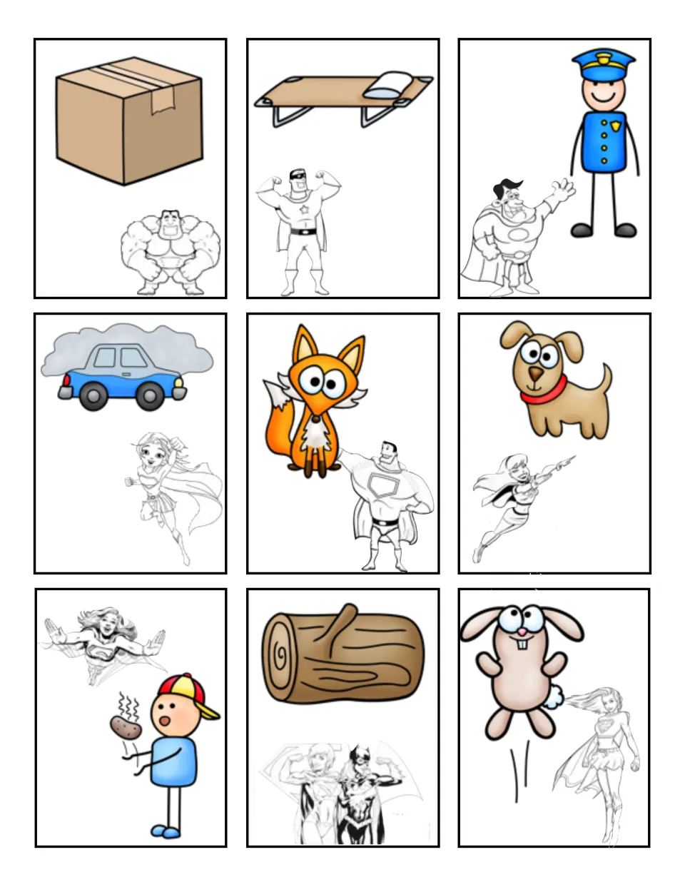 Short-vowel picture cards 55–63 for matching sounds to a mat: box, cot, cop, fog, fox, dog, hot, log, and hop