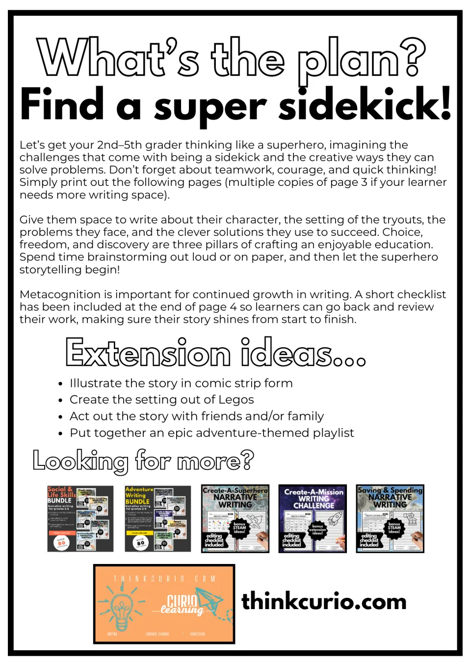 Teacher plan "Find a super sidekick!": how to run the story writing task, plus extension ideas such as comic strips