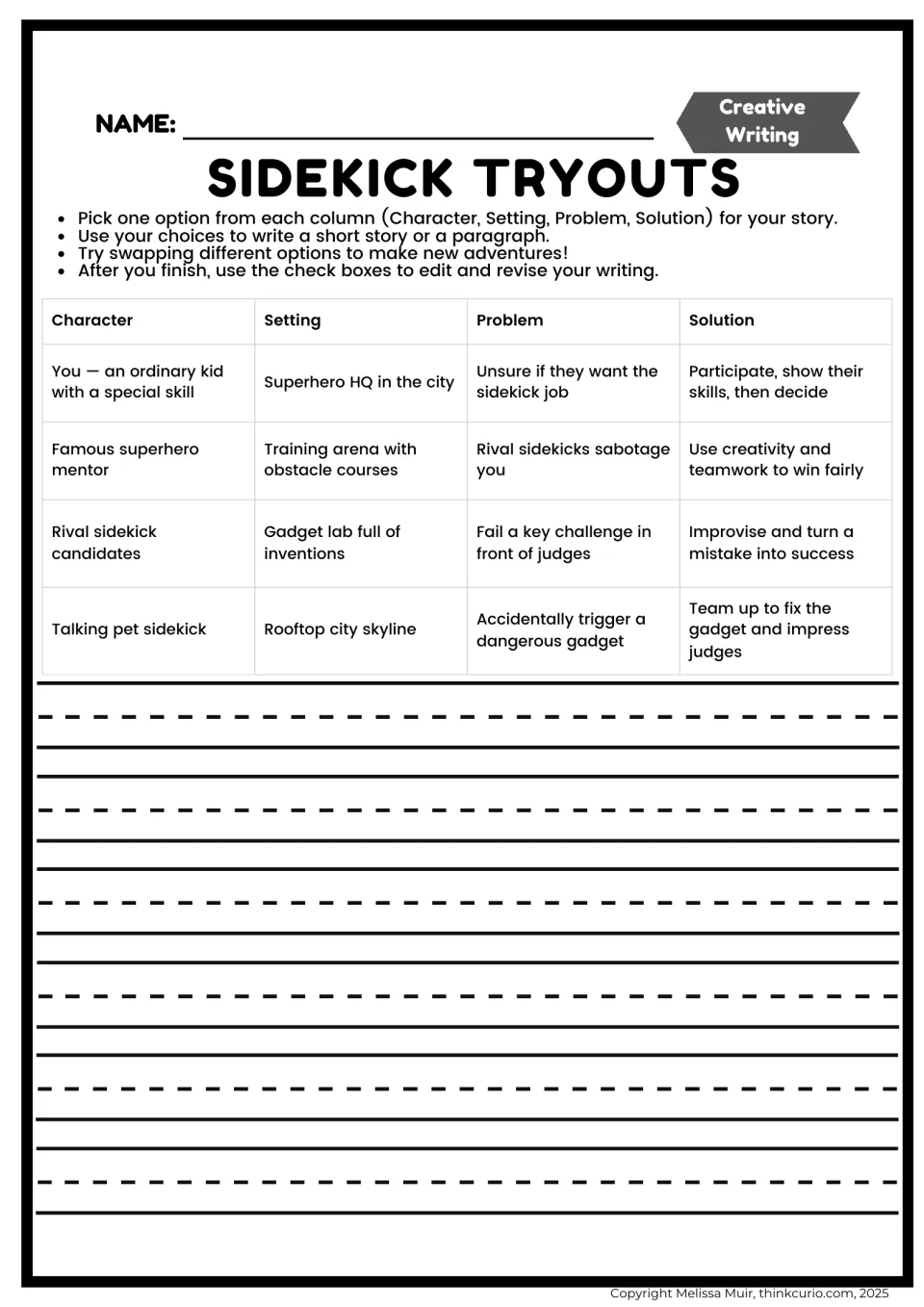 Sidekick Tryouts story planner: students pick a character, setting, problem and solution from four options each, then write
