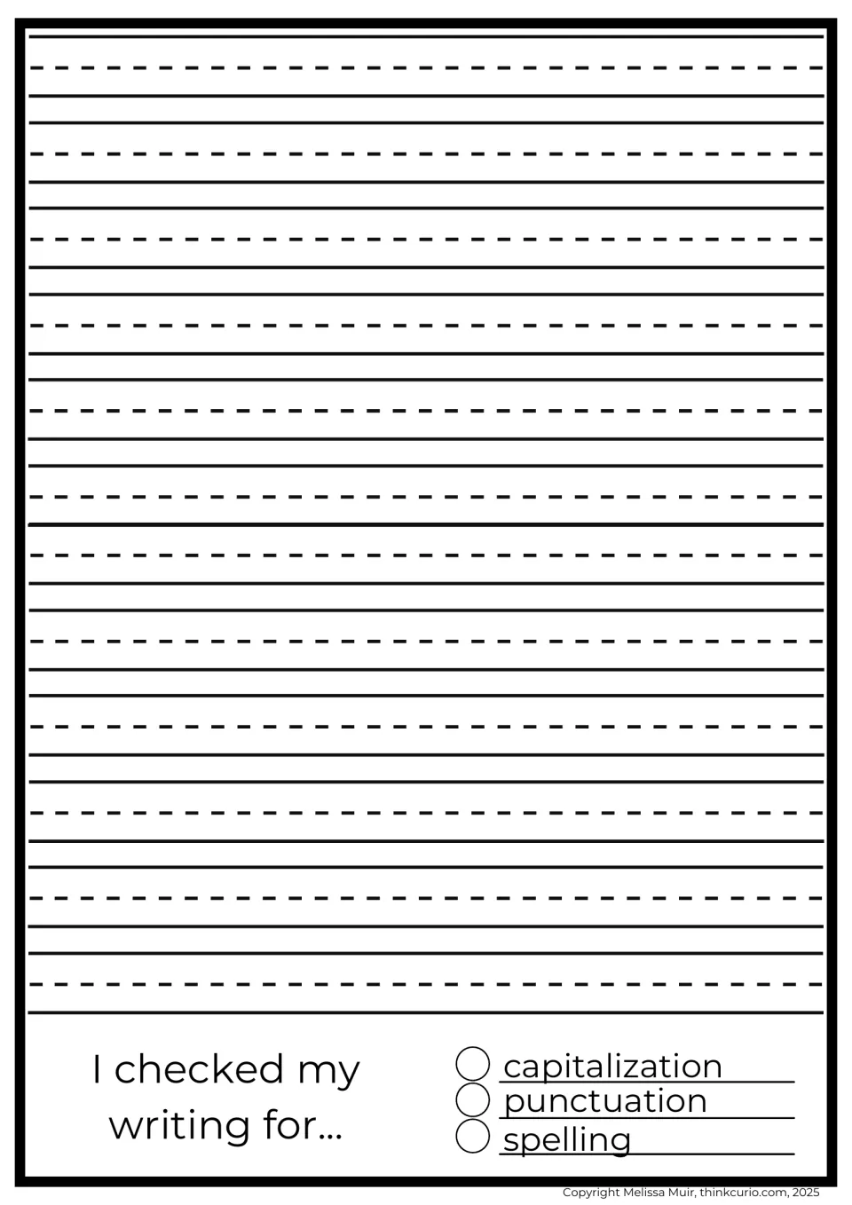 Story page ending with an editing checklist: students check their writing for capitalization, punctuation and spelling
