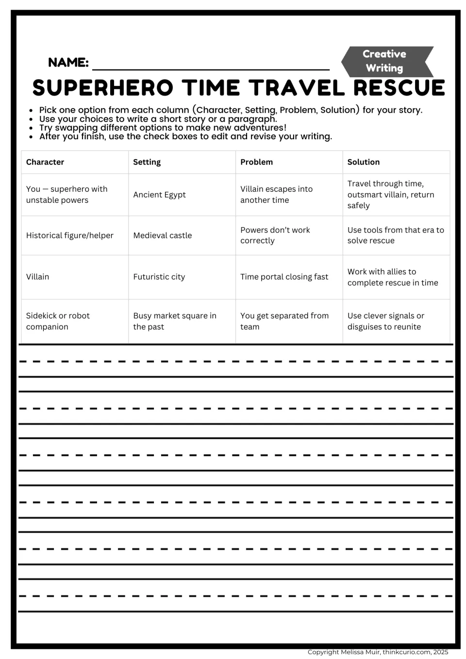 Superhero time travel rescue story planner: students pick a character, setting, problem and solution, then start writing