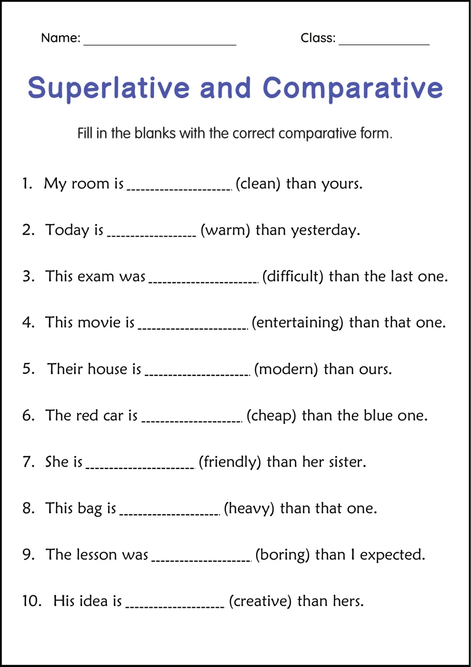 Comparative forms fill-in: students complete 10 sentences using clean, warm, difficult, heavy and other adjectives