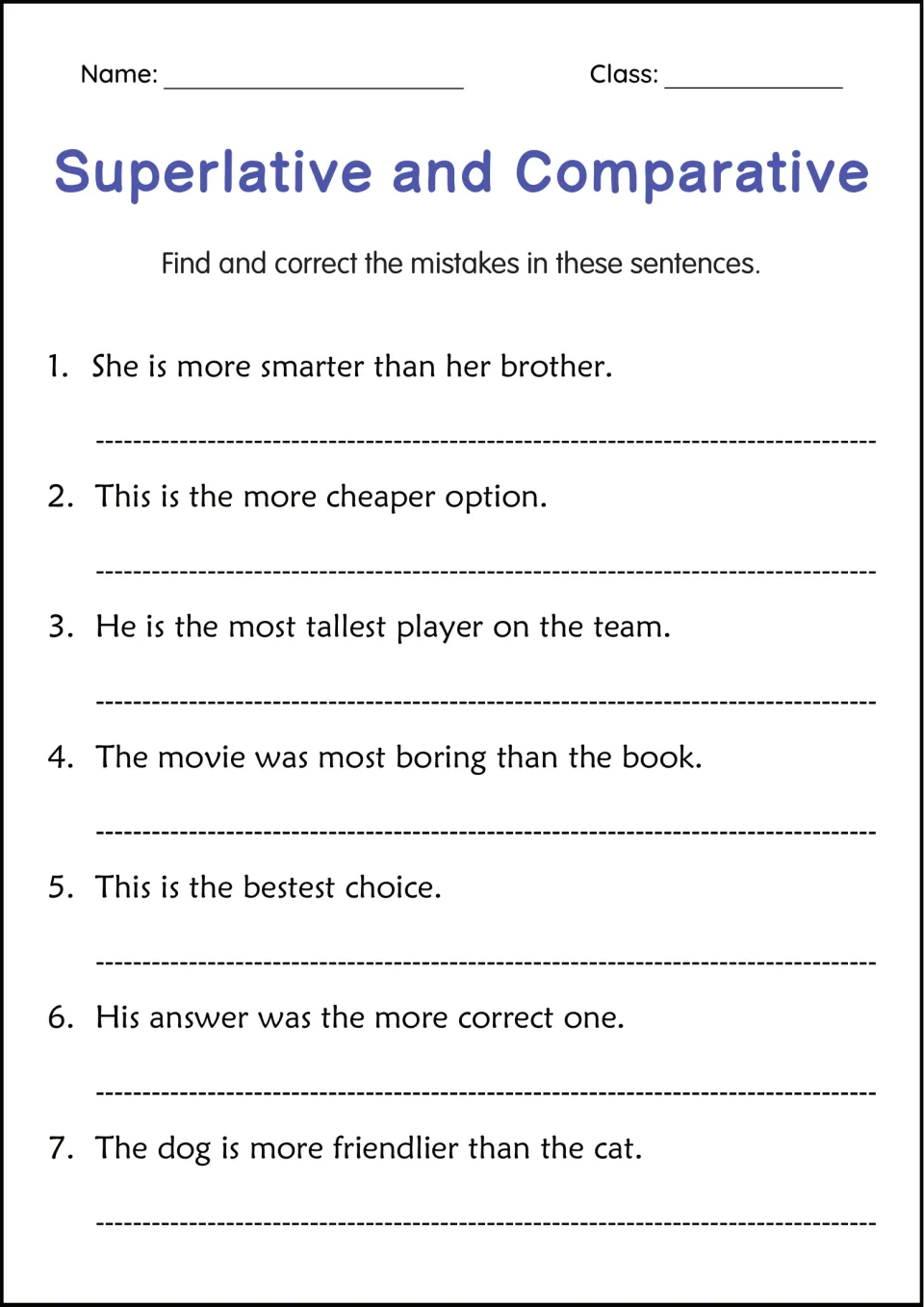 Adjective error correction: students fix 7 sentences with mistakes like more smarter, most tallest and bestest