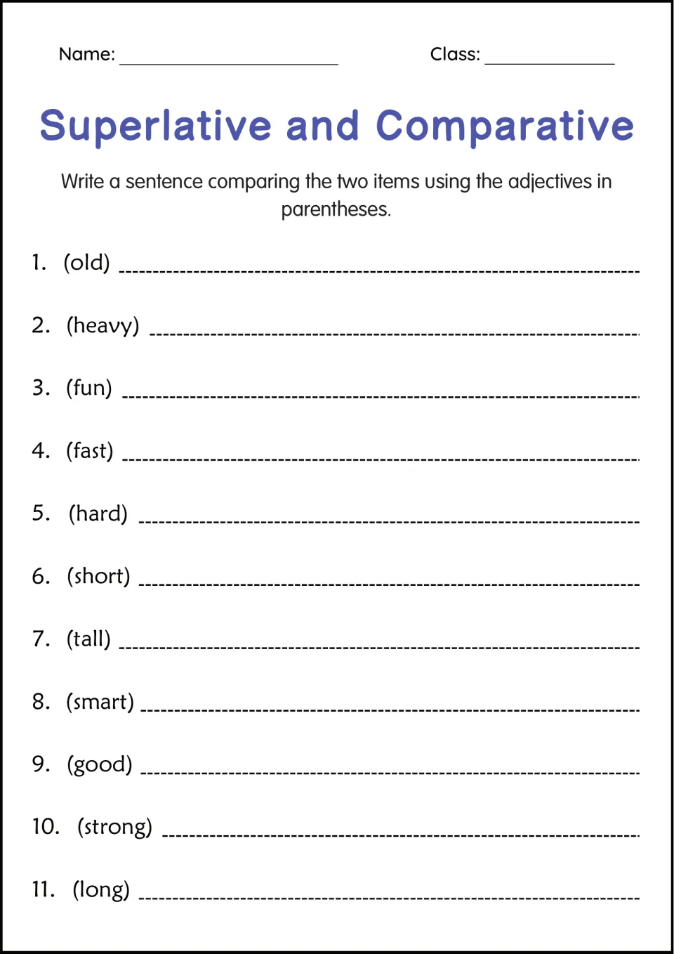 Comparing two items: students write 11 sentences comparing things with adjectives such as old, heavy, fun and strong