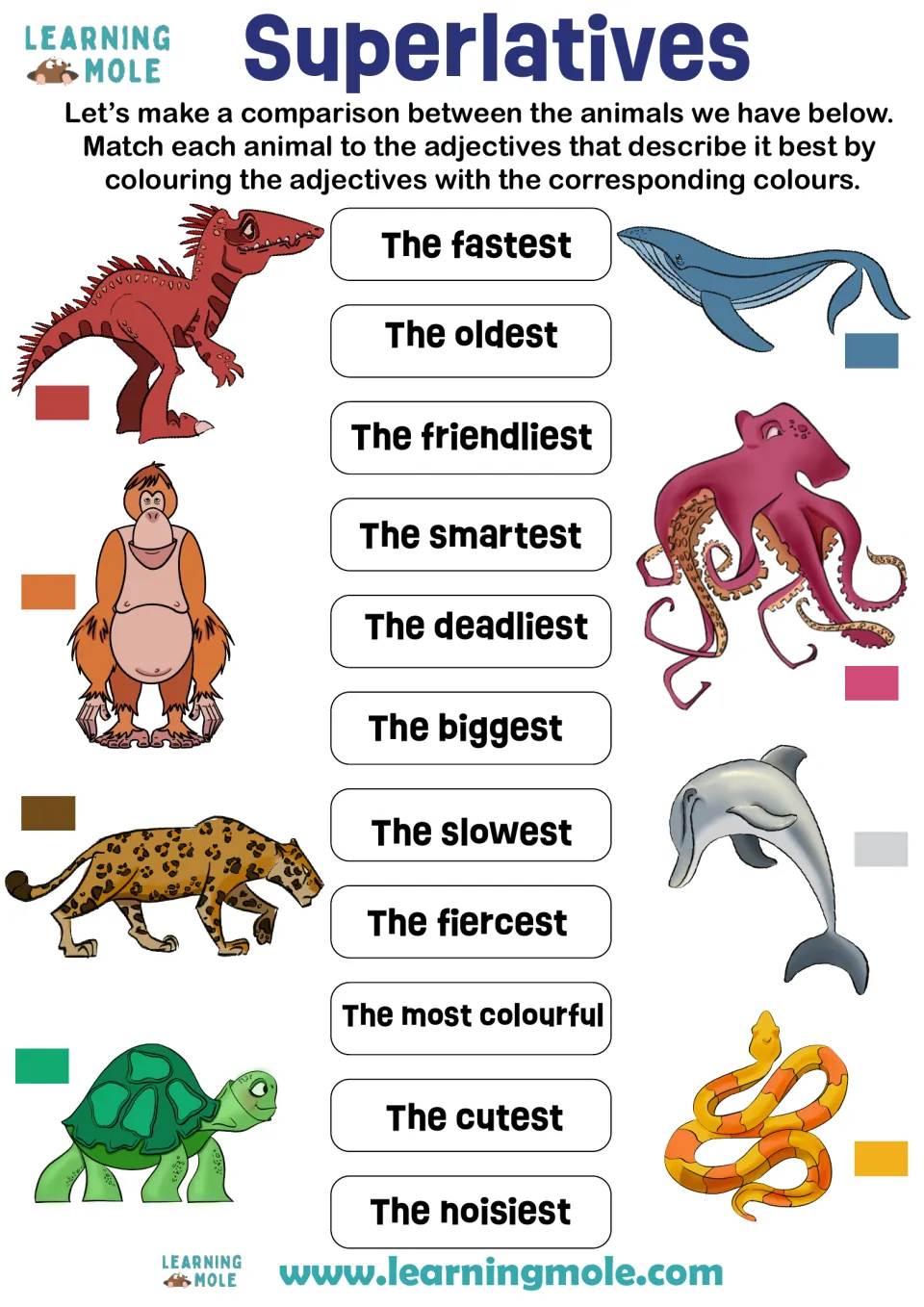 Superlative adjectives: students match 8 animals to 11 phrases like the fastest by coloring each in the animal's color