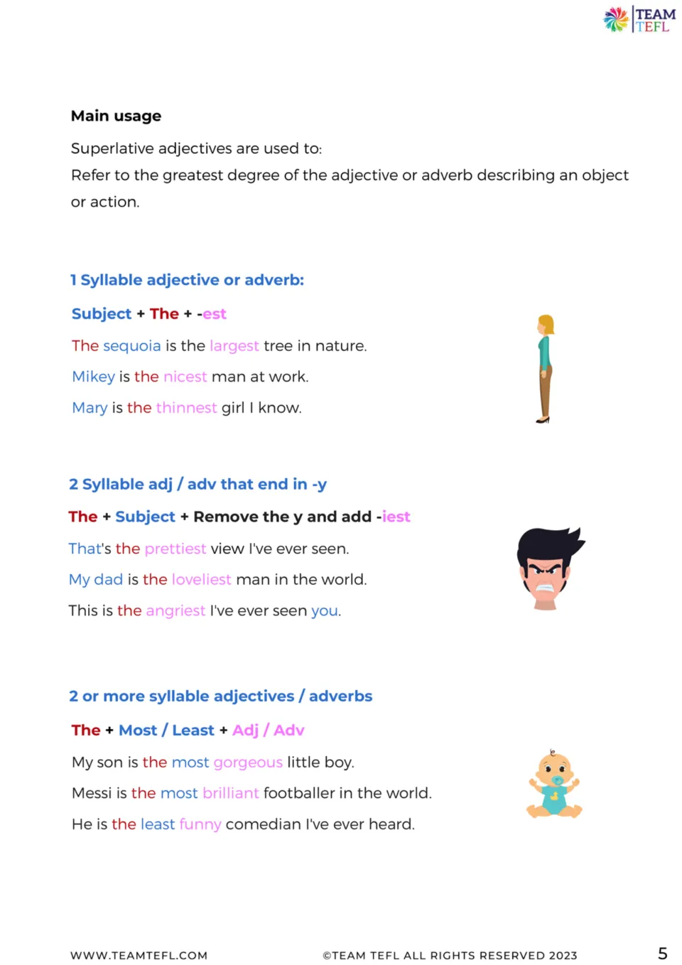 Superlative usage lesson explains -est, changing -y to -iest, and most or least with example sentences
