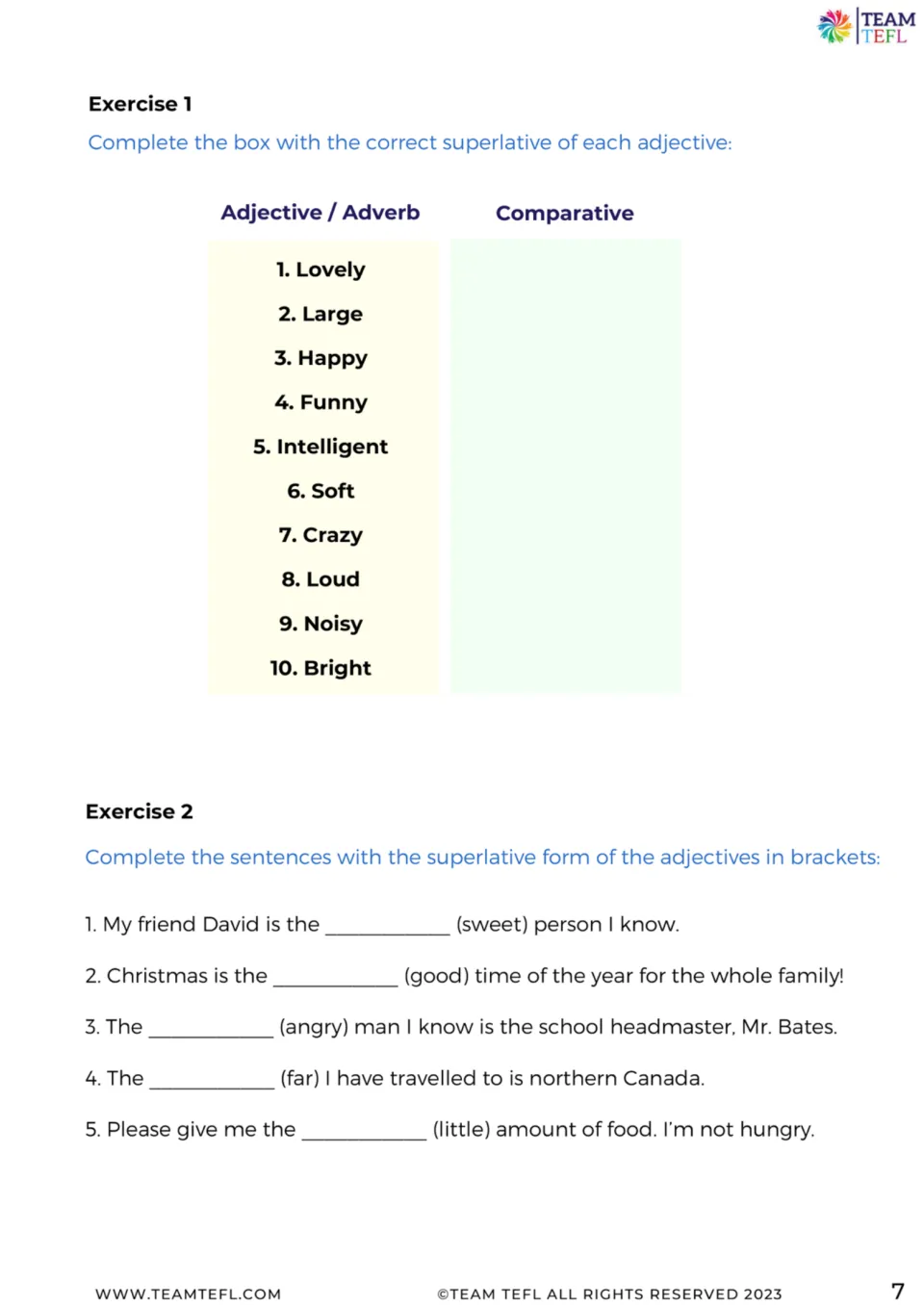 Exercises 1 and 2 ask for 10 superlative word forms and five sentence completions using adjective prompts