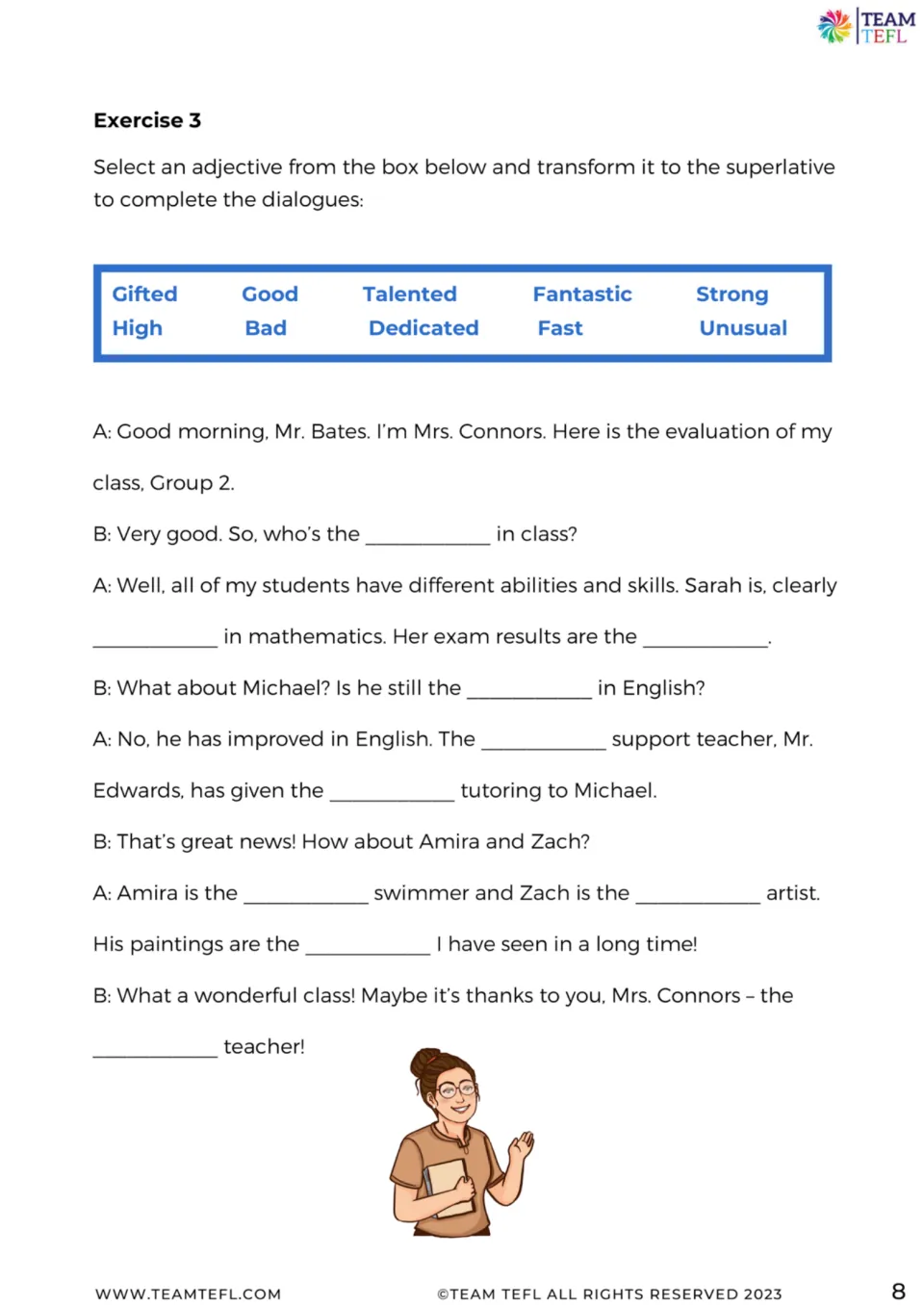 Exercise 3 asks students to turn 10 adjectives into superlatives to complete a teacher evaluation dialogue
